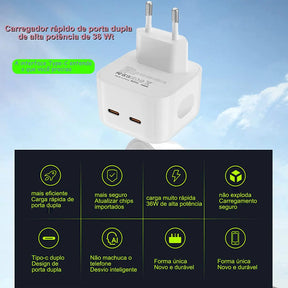 Fonte de carregamento PD Duplo 35W USB-C – Adaptador Rápido de Viagem para Samsung, iPad e iPhone 11/12/13