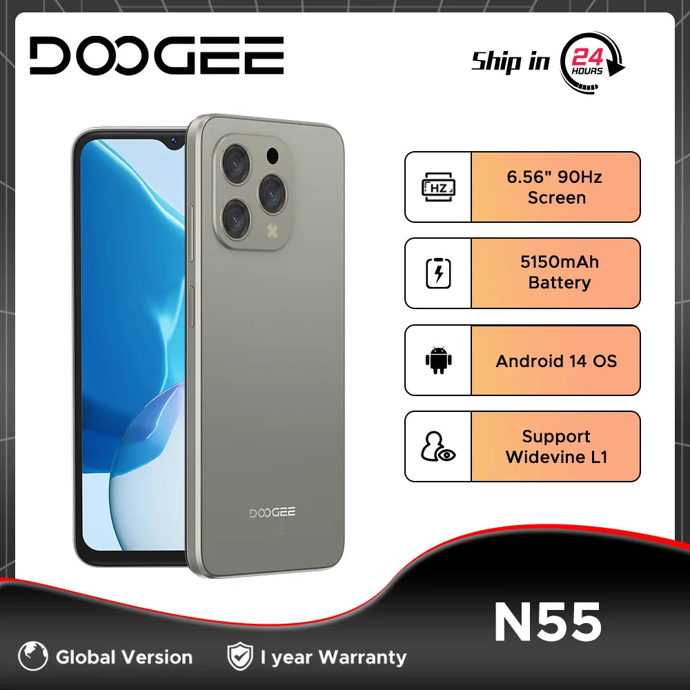 Smartphone DOOGEE N55 – Android 14, Tela 6.56'' 90Hz, 9GB RAM, 128GB ROM, Câmera Dupla 13MP, Bateria 5150mAh, Face Unlock